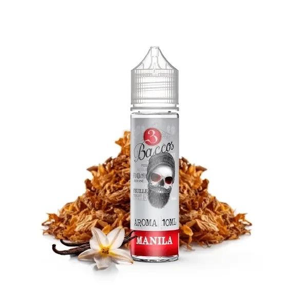 Frasco de 3 Baccos Manila de 10 ml con tapón transparente y etiqueta con calavera, ante hojas de tabaco y una flor con vainas de vainilla.