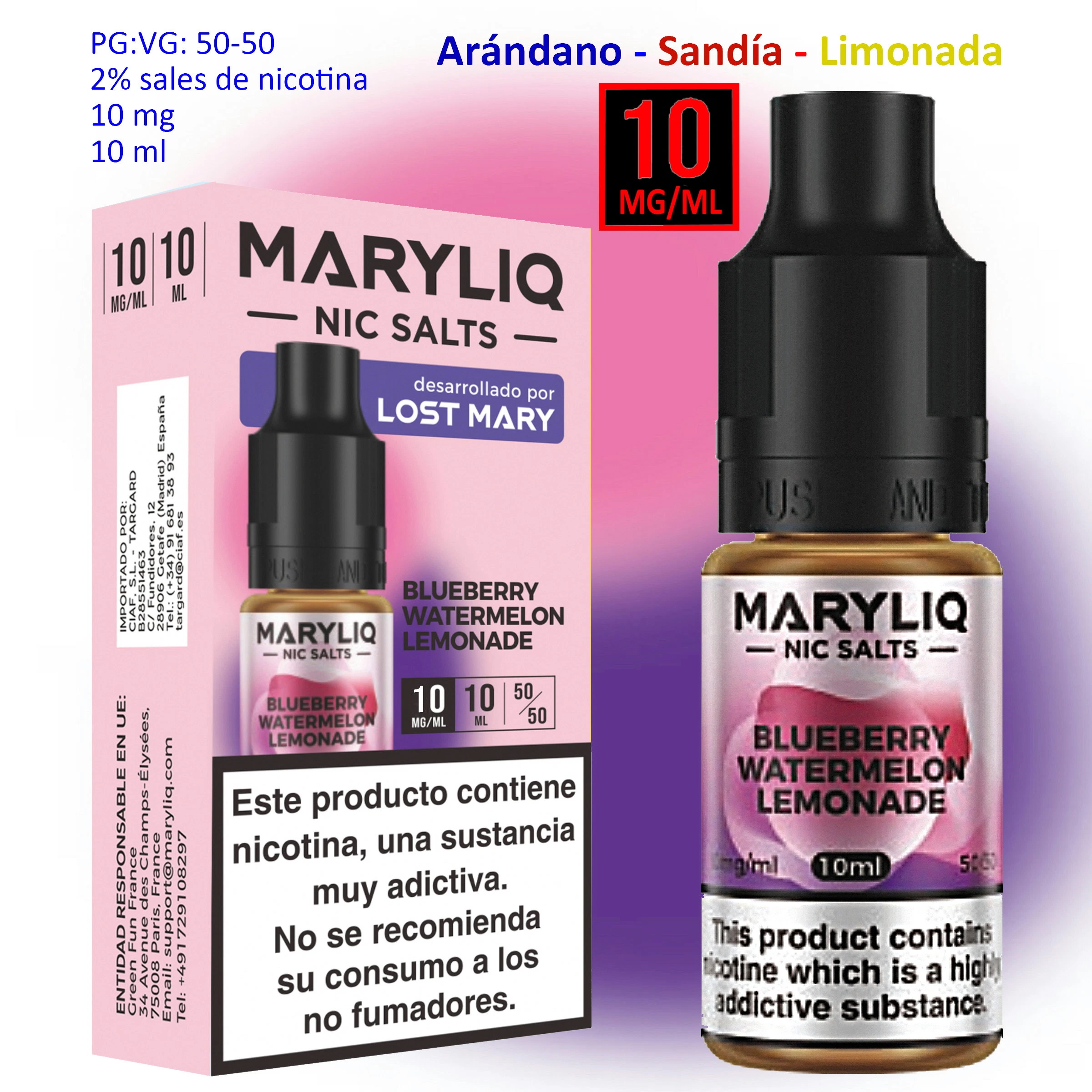 Frasco y caja rosa de MARYLIQ Blueberry Watermelon Lemonade, con etiquetas de 10 ml y 10 mg/ml y advertencia sobre la nicotina.