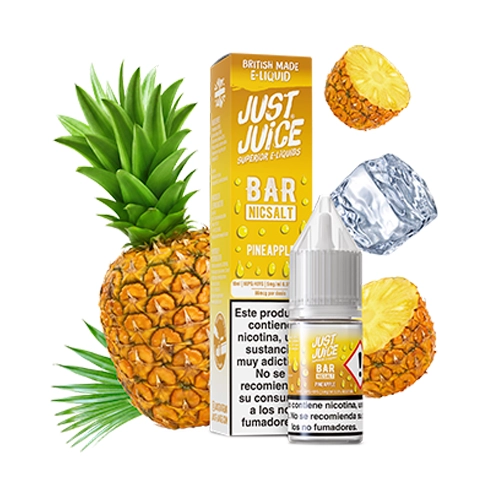 Frasco de Just Juice Bar Salts Pineapple Ice de 10 ml y caja amarilla, rodeados de una piña, rodajas de piña y un cubito de hielo ilustrado.