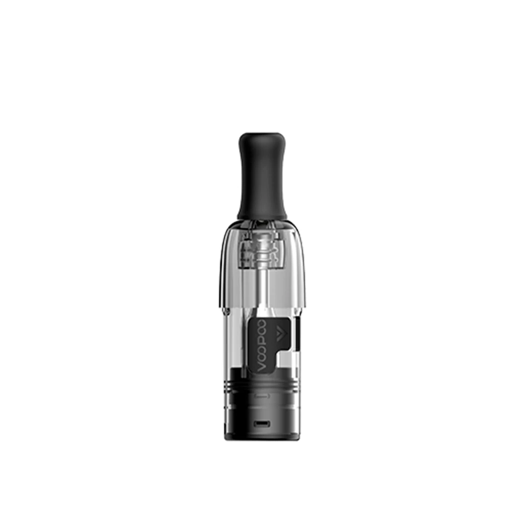 Pod de repuesto Voopoo Doric Galaxy en vista frontal, con boquilla negra, depósito transparente y base oscura con el nombre Voopoo.