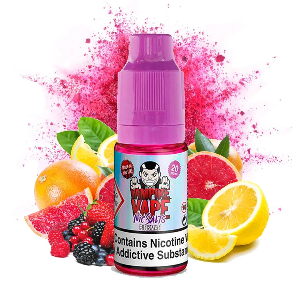 Frasco Vampire Vape Nic Salt Pinkman con tapón rosa, rodeado de cítricos cortados y frutos rojos sobre una salpicadura rosa.