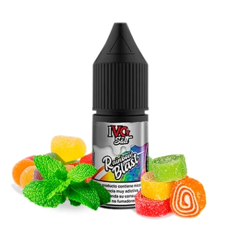 Frasco IVG Salts Rainbow Blast con tapón negro y etiqueta plateada, rodeado de golosinas de colores y hojas de menta.