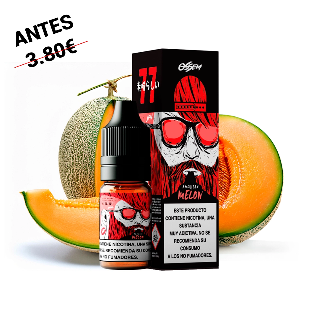 Frasco y caja de Ossem Salts American Melon, con ilustración de un rostro barbudo con gafas rojas, junto a un melón abierto y una tajada.