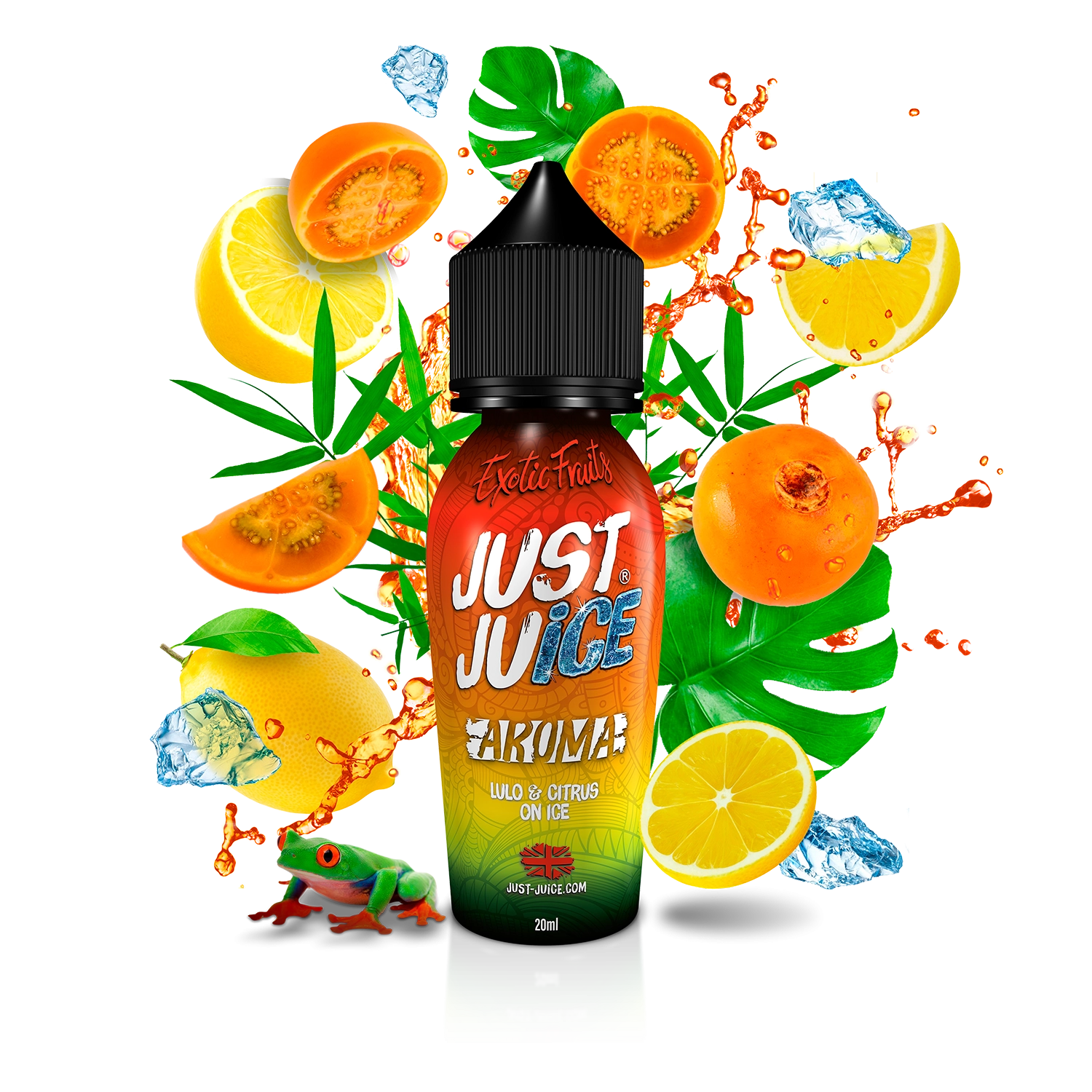 Frasco Just Juice Exotic Fruits Lulo and Citrus sobre fondo negro, rodeado de frutas cortadas, hielo, hojas verdes y salpicaduras naranjas.