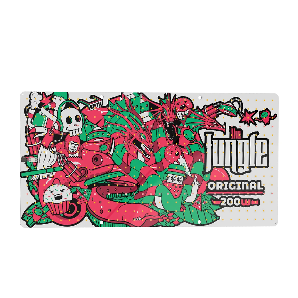 Panel LED Jungle Original 200 W con ilustraciones de dragones y personajes en rojo y verde, visto de frente sobre fondo blanco.