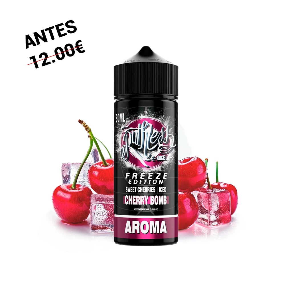 Bote negro de Ruthless Freeze Edition Cherry Bomb de 30 ml, con etiqueta rosa y blanca, rodeado de cerezas y cubitos de hielo.