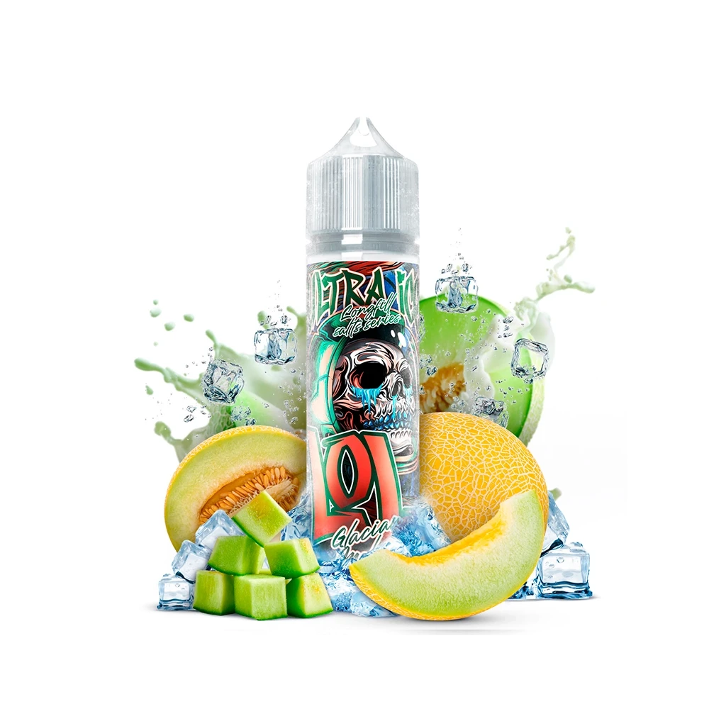 Bote LOL Ultra Ice Glaciar Melon Longfill con tapón transparente y calavera en la etiqueta, rodeado de melón, cubitos de hielo y salpicaduras.
