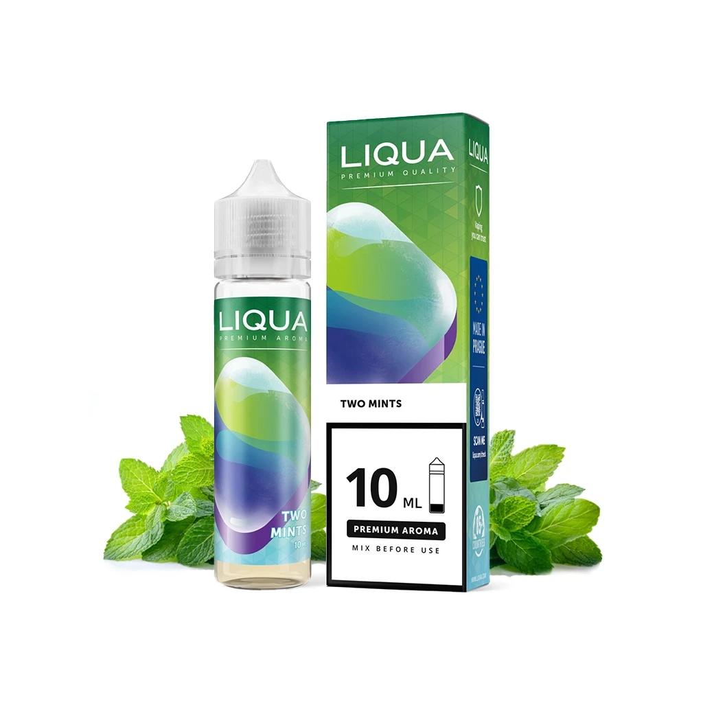 Frasco Liqua Two Mints con tapón blanco junto a su caja verde y azul, marcada con 10 ml, y hojas de menta alrededor.