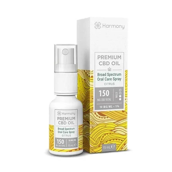 Frasco pulverizador blanco Harmony Citrus CBD junto a su caja, con dibujos amarillos ondulados y etiquetas de 150 mg y 15 ml.