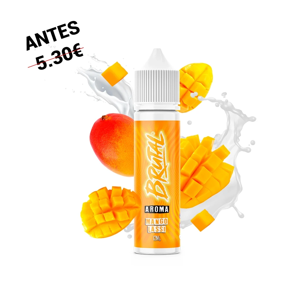 Frasco Brutal Mango Lassi con etiqueta naranja y tapón blanco, rodeado de mango entero y troceado y salpicaduras blancas.