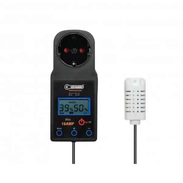 Controlador digital de humedad Climate con toma de corriente, pantalla azul, botones frontales y sonda blanca conectada por cable.