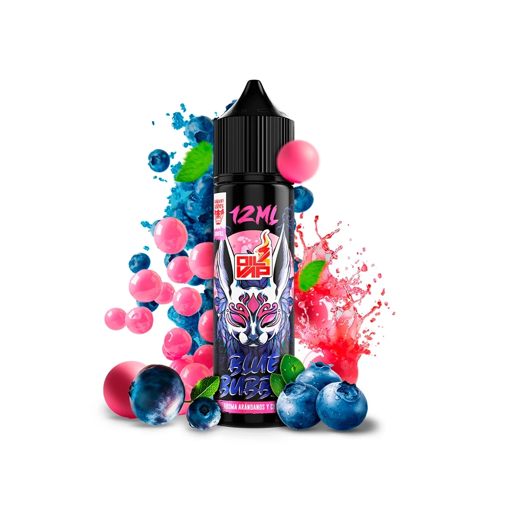 Bote negro de Kabuki Bluebubble Longfill Oil4Vap, con máscara ilustrada y texto de 12 ml, rodeado de arándanos, esferas rosas y salpicaduras de color.