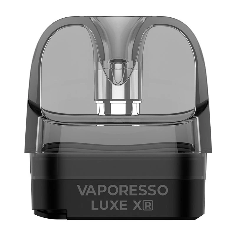 Pod Vaporesso Luxe XR de frente sobre fondo blanco, con depósito translúcido gris, conducto central visible y base negra rotulada.