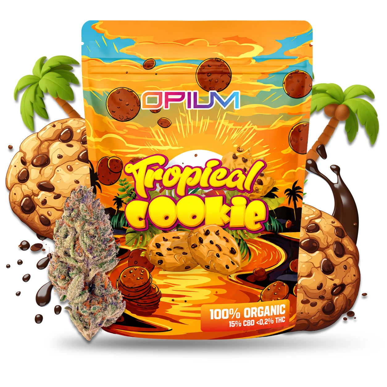 Bolsa de Tropical Cookies de Opium con diseño naranja y amarillo, rodeada de galletas, palmeras y un cogollo en primer plano.
