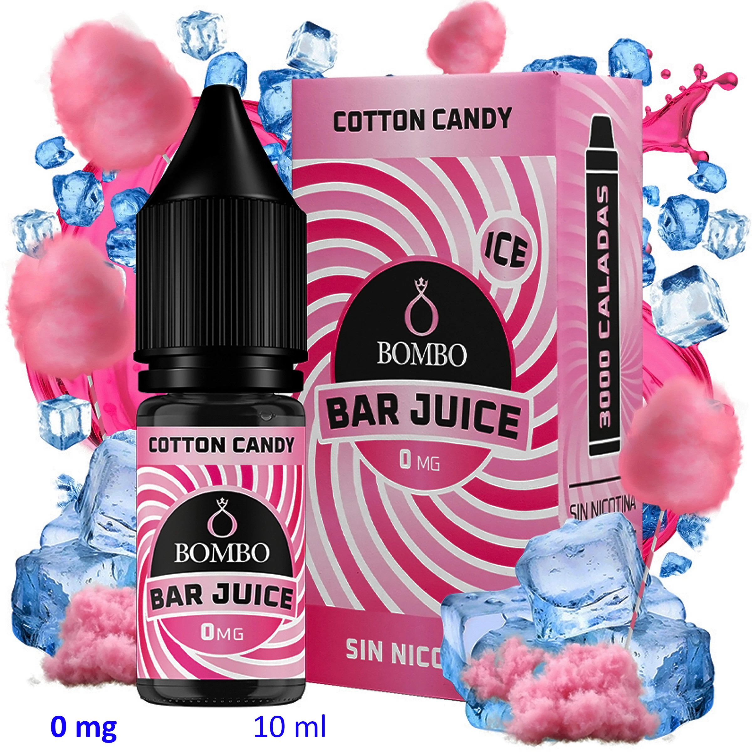 Frasco y caja rosa de Bombo Bar Juice Cotton Candy Ice, rotulados 0 mg y 10 ml, rodeados de algodón de azúcar y cubitos de hielo.