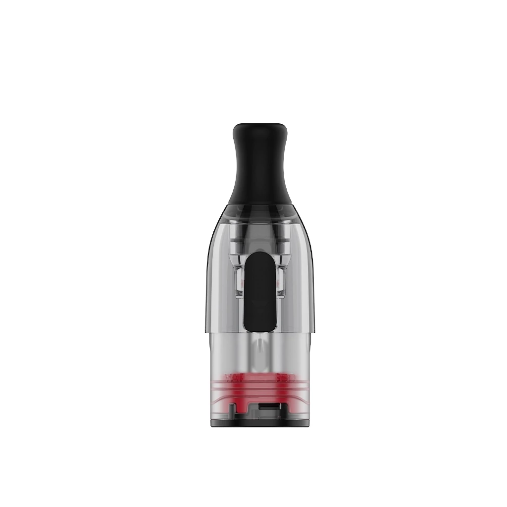 Pod Vaporesso Eco One Mesh T-Pod en vista frontal, con boquilla negra, cuerpo transparente y juntas rojas junto a la base.