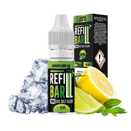 Frasco de Refill Bar Salts Lemon Lime Ice con tapón blanco y su caja, junto a hielo, limón, lima y hojas verdes sobre fondo blanco.