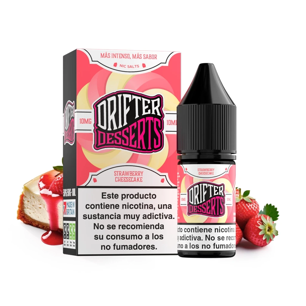 Frasco y caja rosa de Drifter Desserts Strawberry Cheesecake con advertencia sobre nicotina, junto a fresas y una porción de tarta.