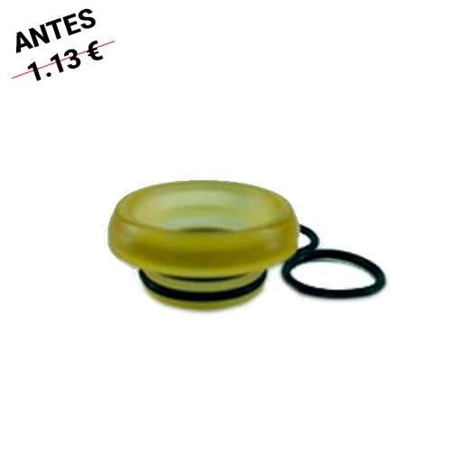 Boquilla Resin Drip Tip 810 amarillo verdoso translúcido, con abertura central ancha y juntas negras al lado, sobre fondo blanco.