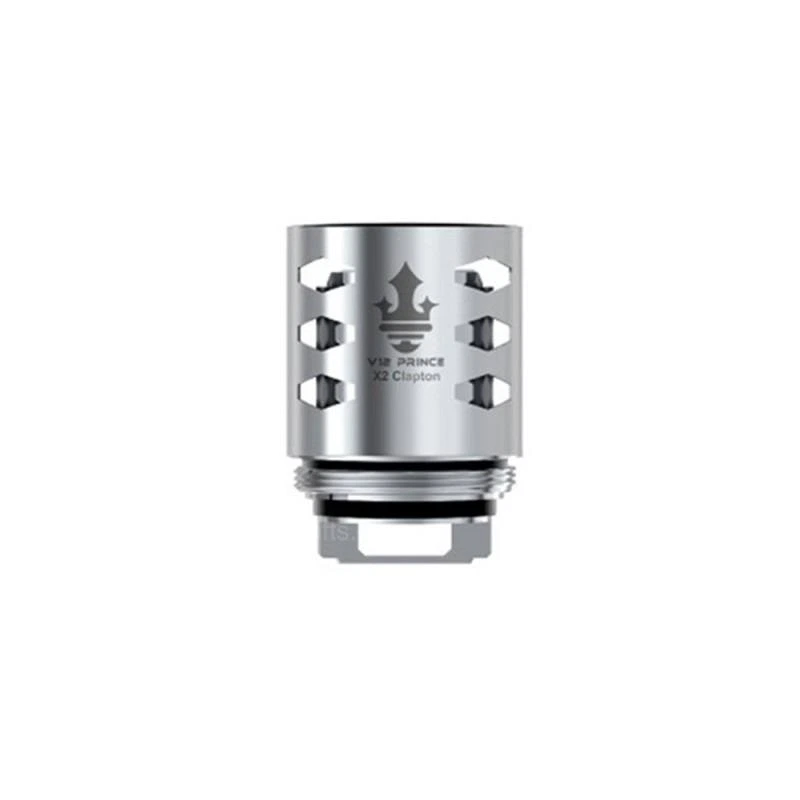 Resistencia Smok V12 Prince X2 Clapton plateada, con aberturas laterales, inscripción frontal y base roscada sobre fondo blanco.