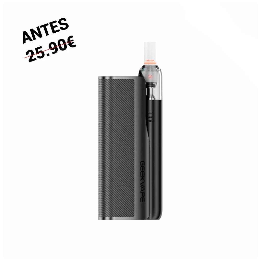 Geekvape Wenax M Pod Kit negro, con cuerpo rectangular de superficie estriada y dispositivo lateral alargado con boquilla translúcida.