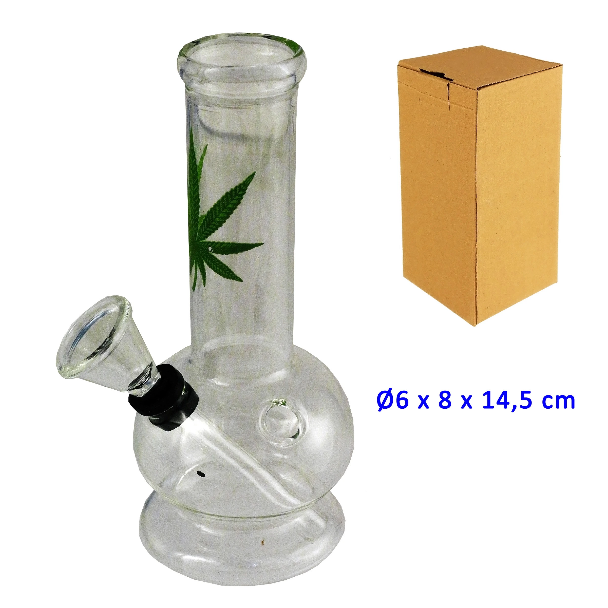 Bong de cristal de 14,5 cm con base redondeada, tubo recto, hoja verde estampada y cazoleta lateral, junto a una caja de cartón.