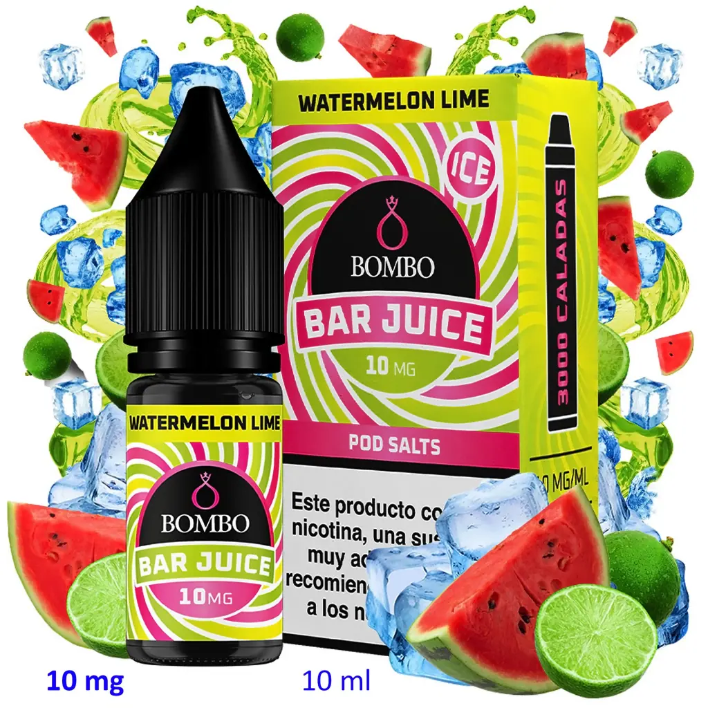 Frasco y caja de Bar Juice by Bombo Watermelon Lime Ice, con etiqueta de 10 mg, rodeados de sandía, limas y cubitos de hielo.