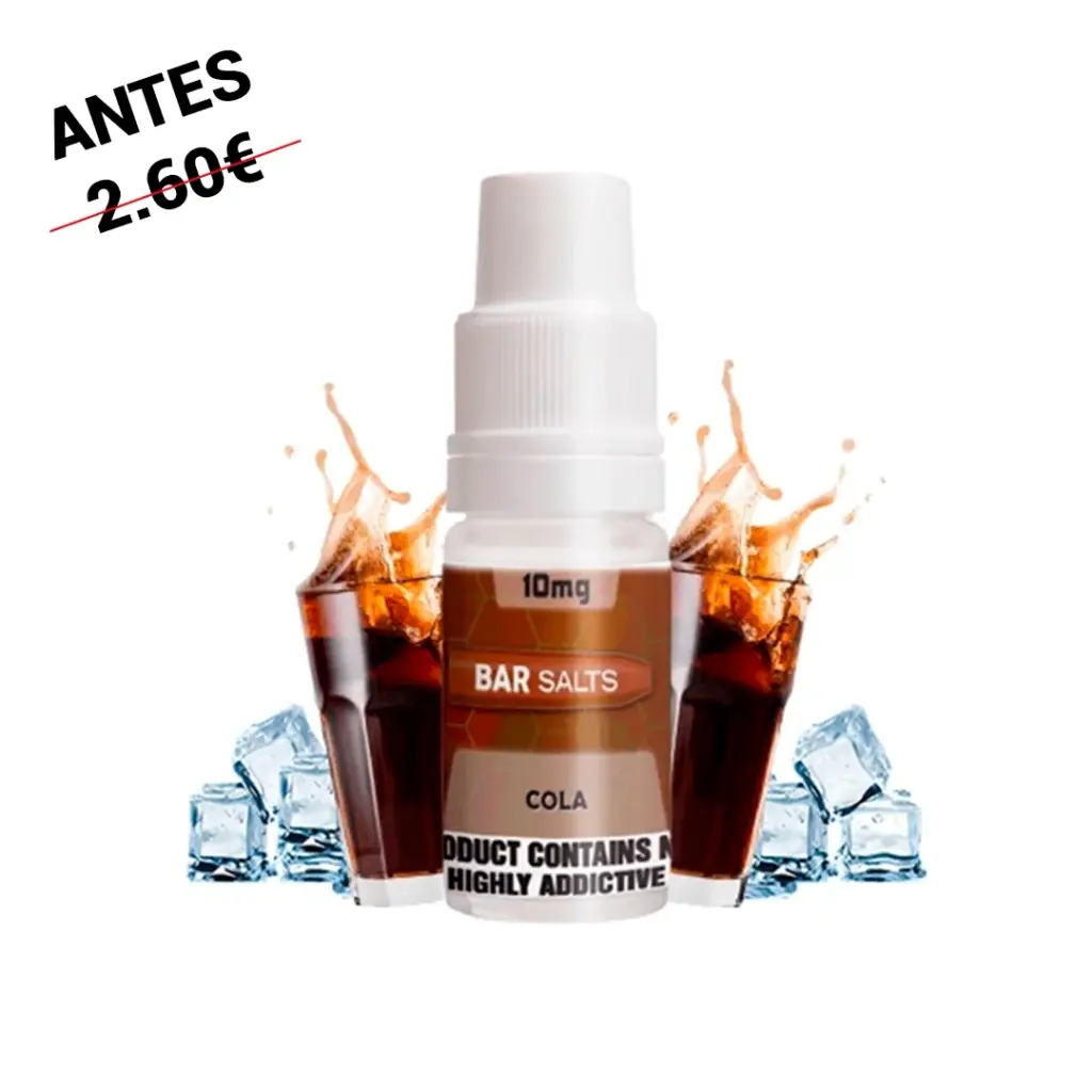 Frasco de Bar Salts Cola con tapón blanco y etiqueta de 10 mg, delante de vasos de refresco oscuro con salpicaduras y hielo.