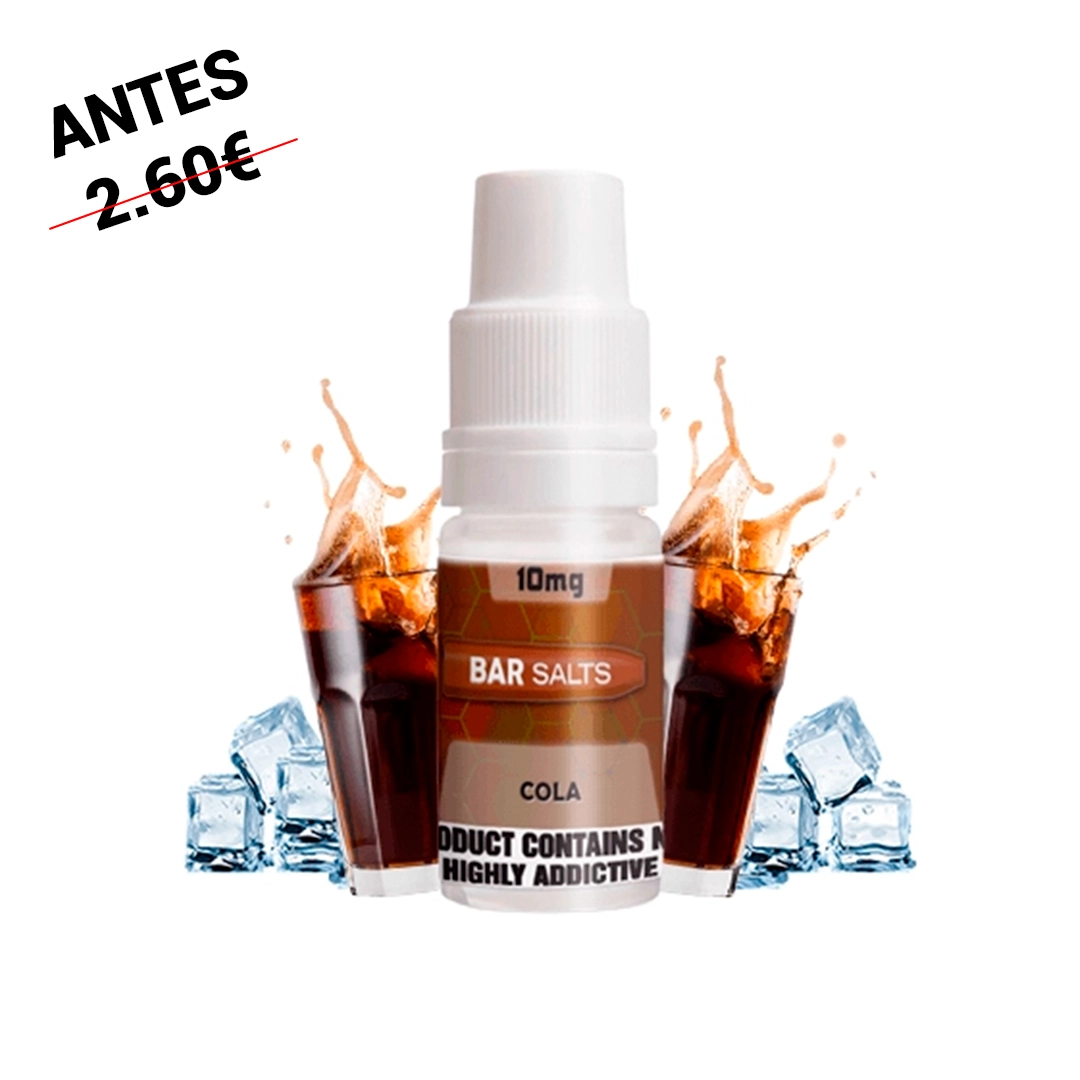 Frasco de Bar Salts Cola con tapón blanco y etiqueta de 10 mg, delante de vasos de refresco oscuro con salpicaduras y hielo.