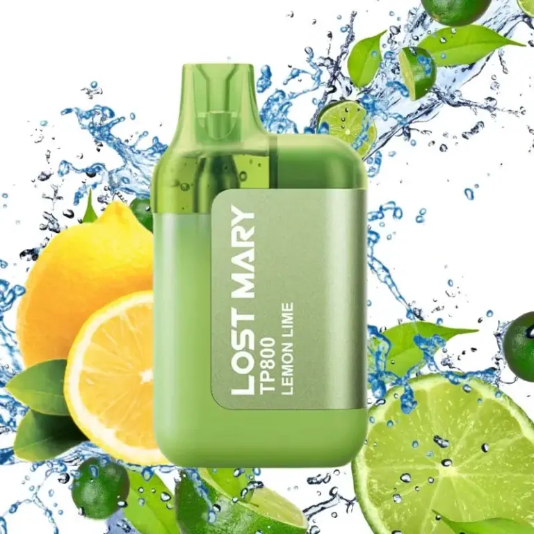 Vaper verde Lost Mary TP800 Lemon Lime en primer plano, rodeado de limones, limas, hojas verdes y salpicaduras de agua.