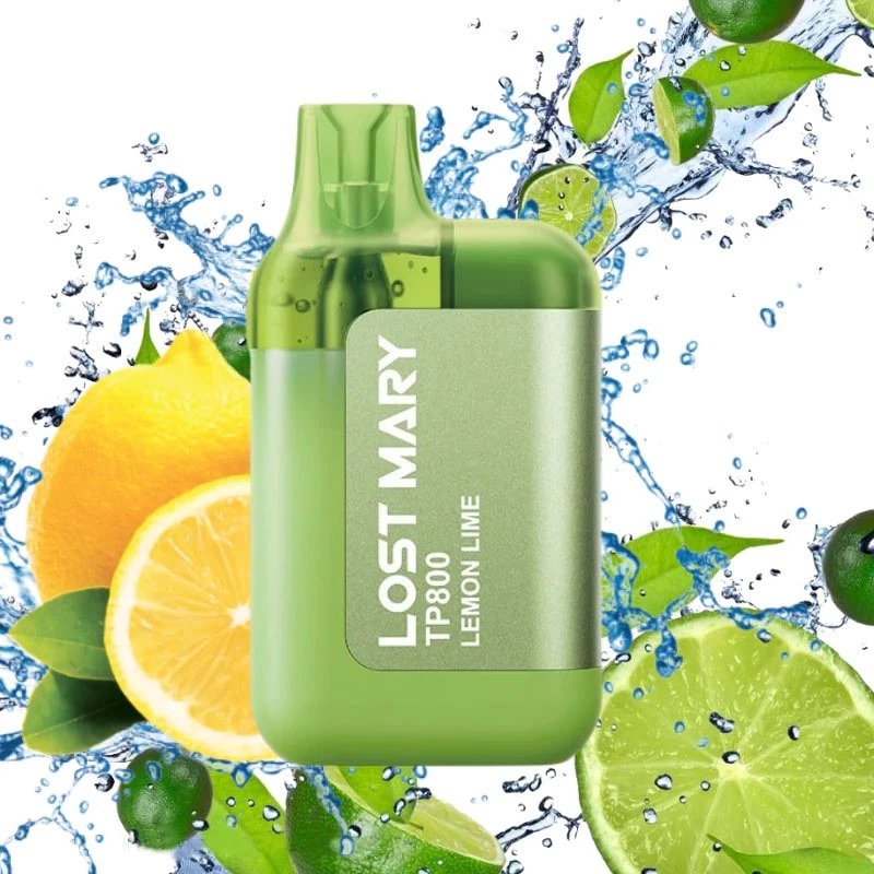 Vaper verde Lost Mary TP800 Lemon Lime en primer plano, rodeado de limones, limas, hojas verdes y salpicaduras de agua.