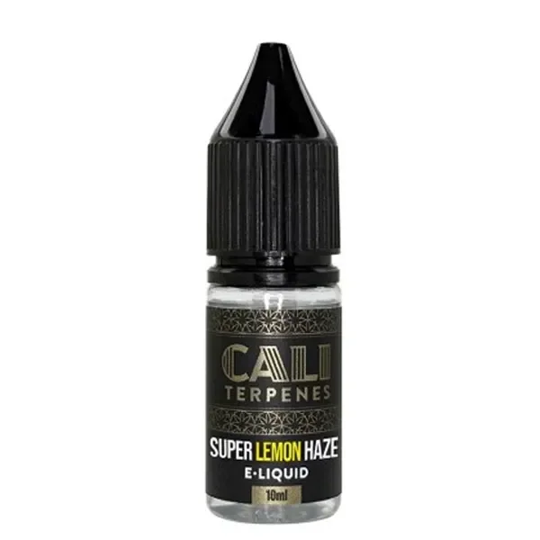 Frasco de E-Liquid Super Lemon Haze de Cali Terpenes, con tapón negro y etiqueta negra y dorada que indica 10 ml.