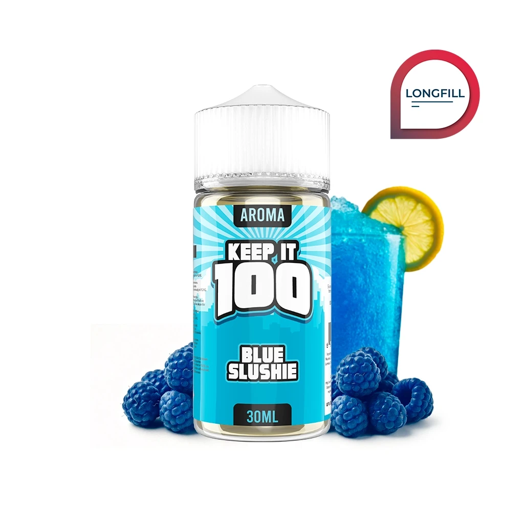 Bote de Keep It 100 Blue Slushie Longfill 30 ml con etiqueta turquesa, junto a frutos azules y un granizado azul con rodaja de limón.