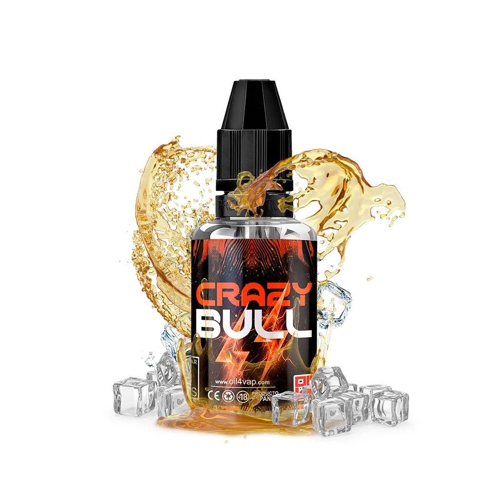 Frasco Oil4vap Crazy Bull con tapón negro y etiqueta roja y negra, rodeado de salpicaduras doradas y cubitos de hielo.