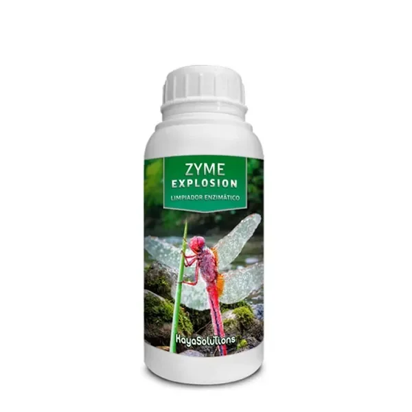 Bote blanco de Zyme Explosion Kayasolutions, con tapón de rosca y etiqueta verde con una libélula y el texto «Limpiador enzimático».