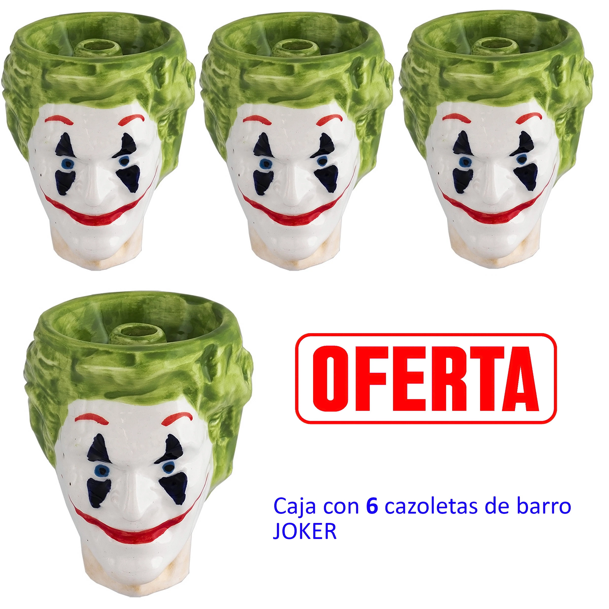 Cazoletas JOKER para cachimba con rostro blanco, sonrisa roja, detalles negros alrededor de los ojos y cabello verde.