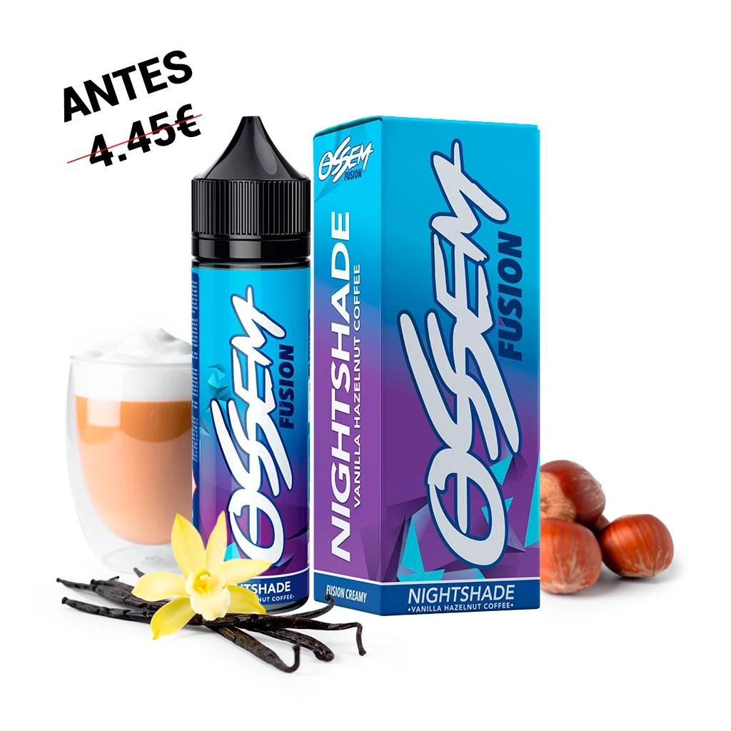 Frasco y caja de Ossem Nightshade Vanilla Hazelnut Coffee, en azul y morado, junto a una taza, avellanas y vainilla.