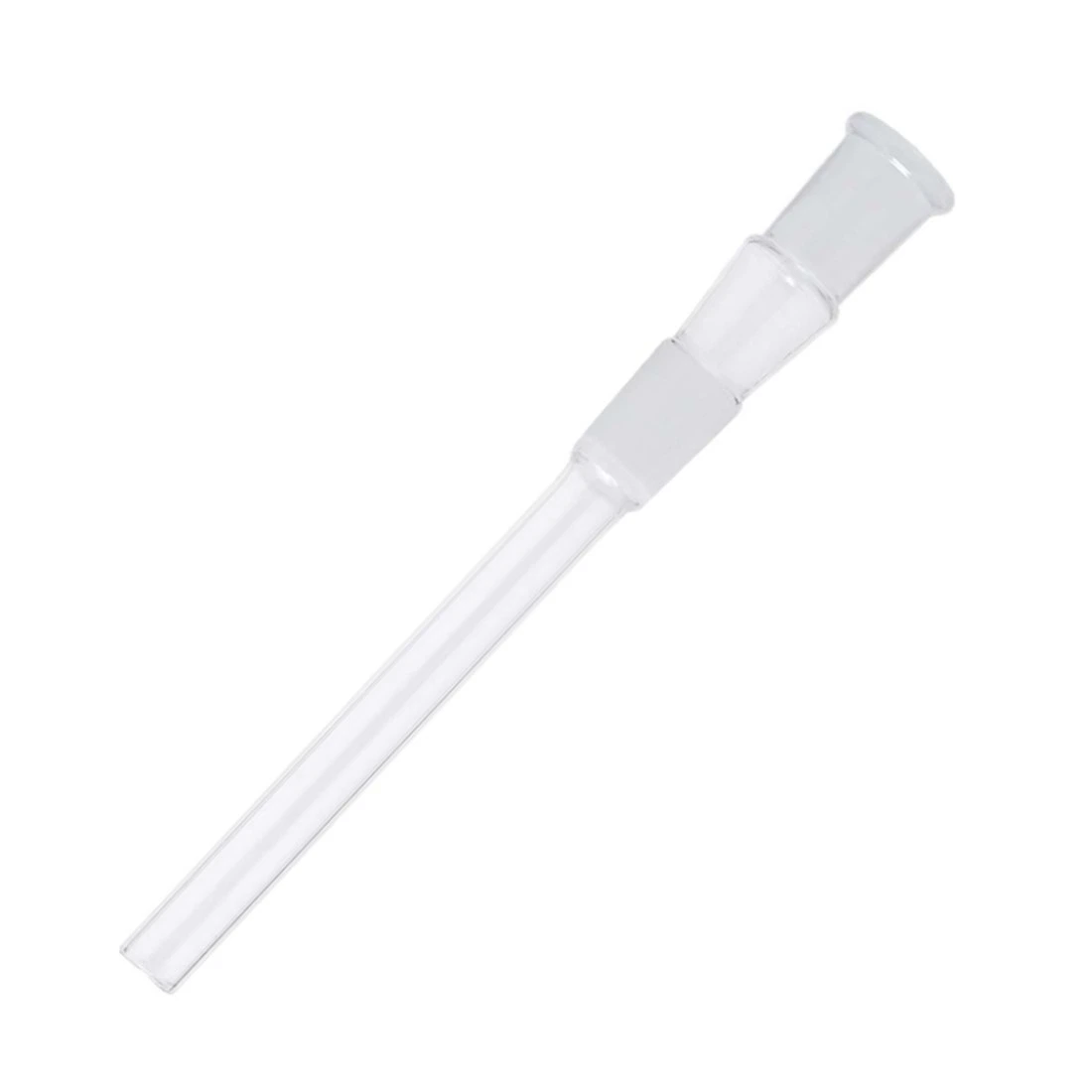 Down Tube de cristal transparente colocado en diagonal, con tubo alargado y conexiones ensanchadas de acabado esmerilado sobre fondo blanco.