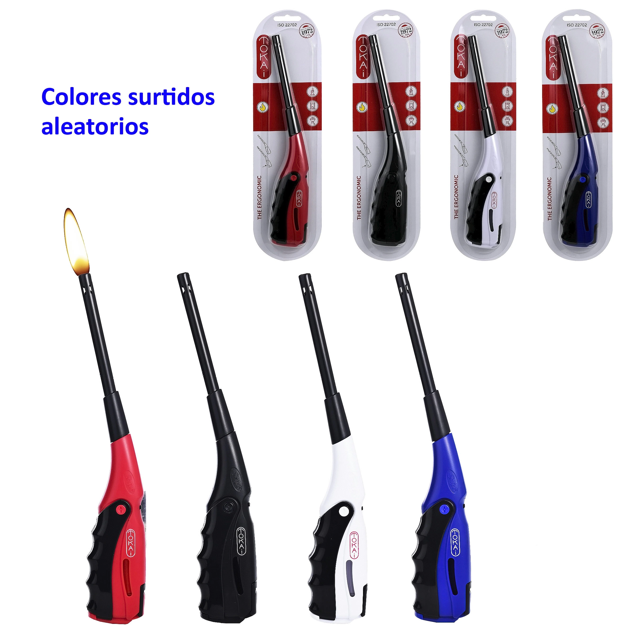 Encendedores piezo Tokai de cuello largo en rojo, negro, blanco y azul, sueltos y en blíster; uno muestra una llama.