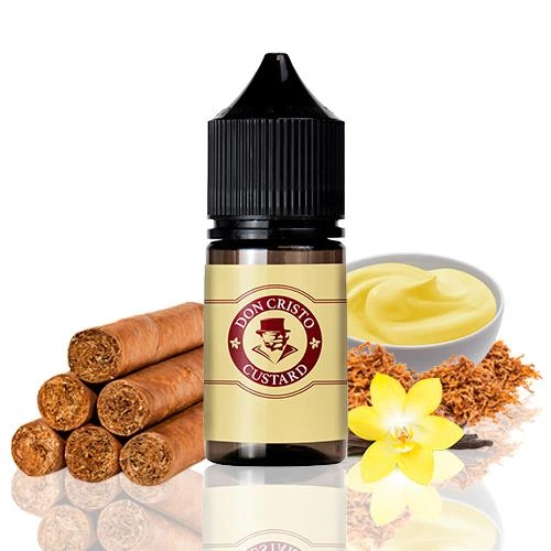 Frasco Don Cristo Custard con tapón negro y etiqueta dorada, rodeado de puros, tabaco, un cuenco de crema y una flor amarilla.