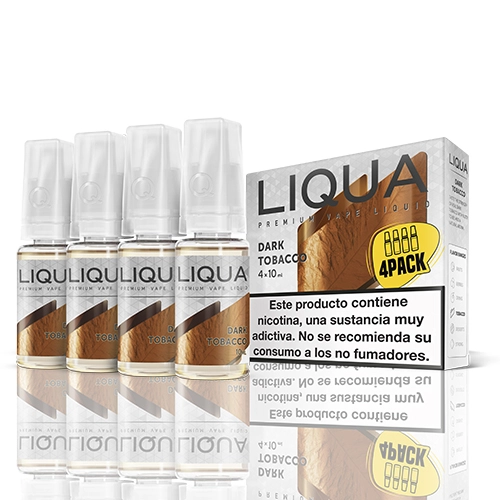 Frascos Liqua Dark Tobacco con tapas transparentes junto a su caja, rotulada «4 × 10 ml» y con advertencia sobre la nicotina.