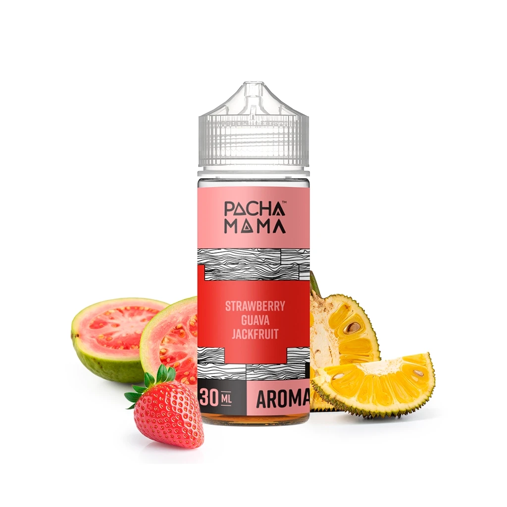 Frasco Pachamama Strawberry Guava Jackfruit de 30 ml, con etiqueta rosa y roja, junto a una fresa y trozos de guayaba y yaca.