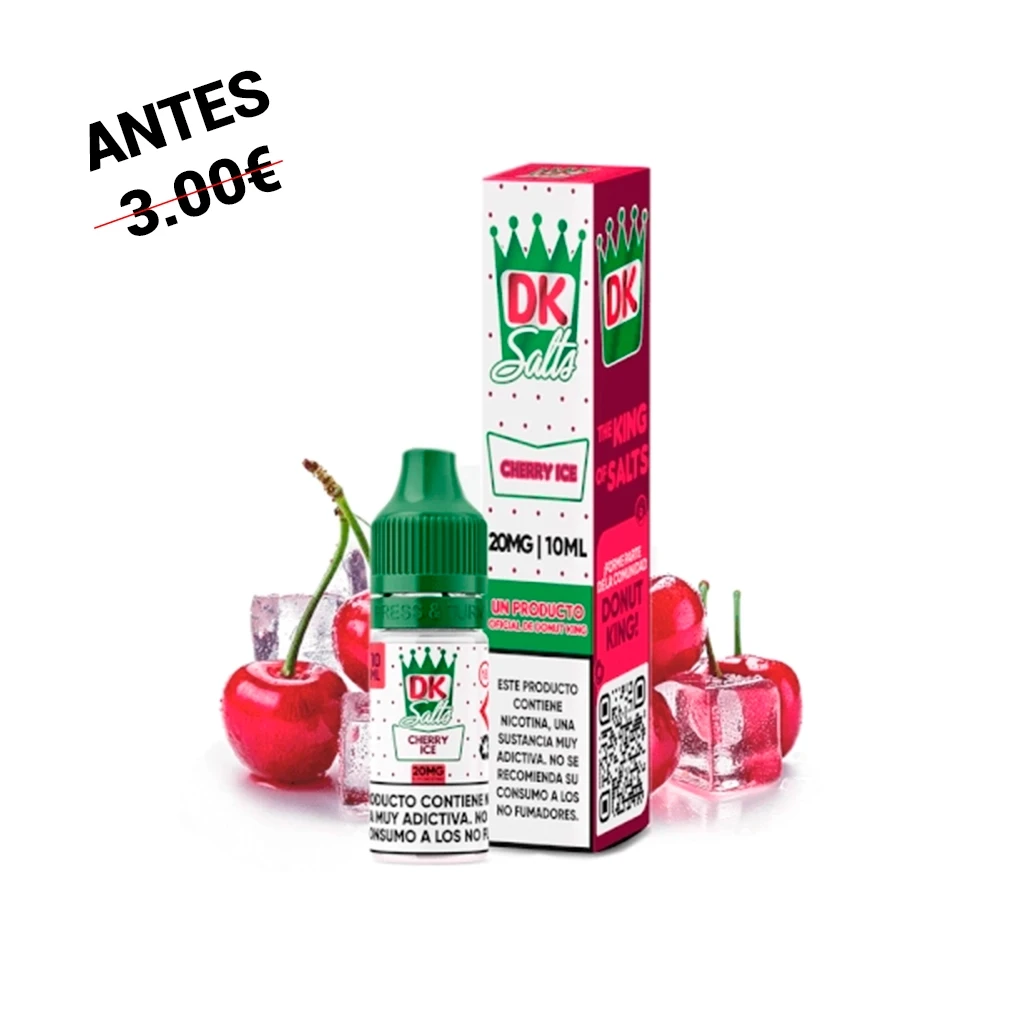 Frasco Donut King Salts Cherry Ice con tapón verde y caja de 20 mg y 10 ml, rodeados de cerezas y cubitos de hielo.