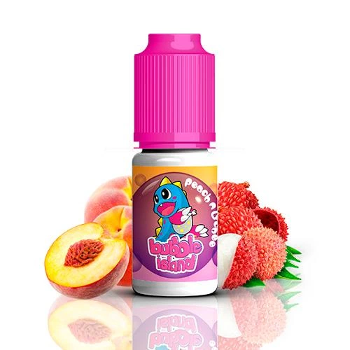 Frasco Bubble Island Peach N Lychee con tapón rosa y etiqueta con personaje de dibujos, rodeado de melocotón y lichis.