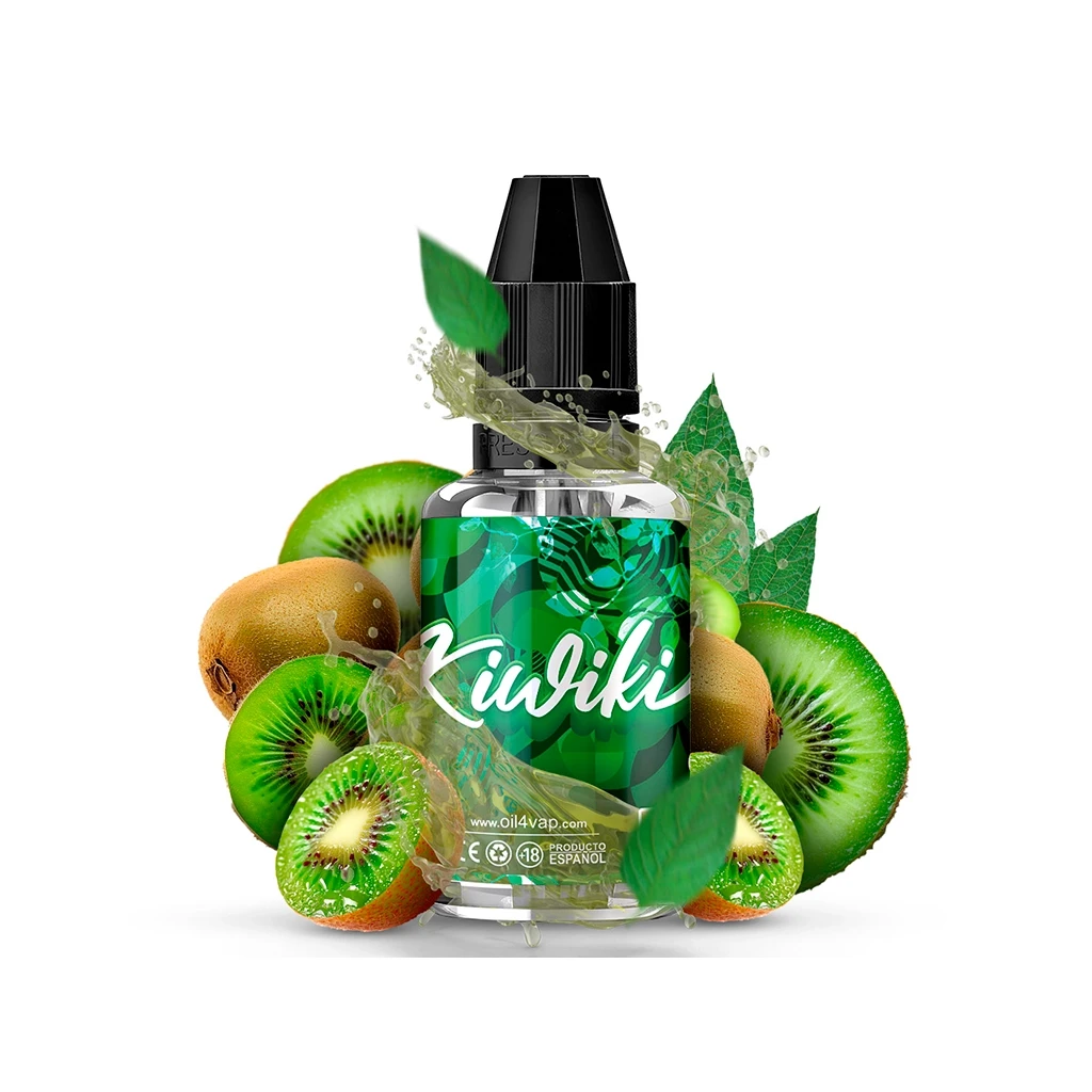 Frasco Oil4vap Kiwiki con tapón negro y etiqueta verde, rodeado de kiwis enteros y cortados, hojas y salpicaduras.