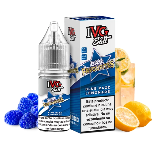 Bote y caja IVG Salt Blue Razz Lemonade con etiquetas azules y advertencia de nicotina, junto a frambuesas azules y limones.