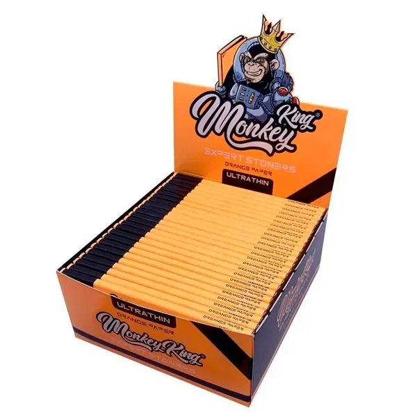 Expositor abierto de papel Monkey King Expert Stoners Orange con varios librillos naranjas y un mono coronado en la cabecera.