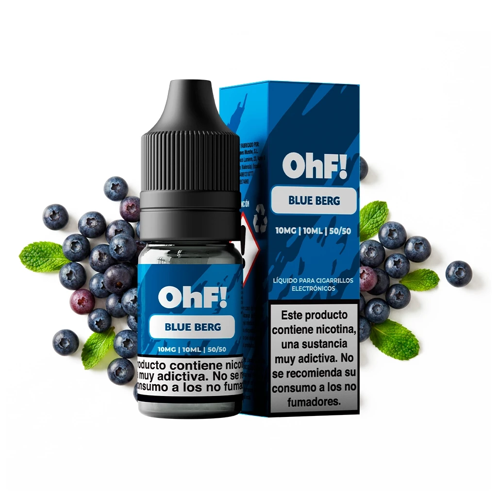 Frasco OhF! Blue Berg con tapón negro y caja azul, rodeados de arándanos y hojas verdes, con advertencia sobre nicotina.