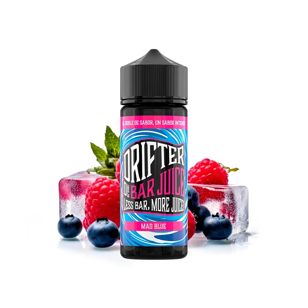 Botella de Drifter Bar Mad Blue con tapón negro y etiqueta azul y rosa, rodeada de frambuesas, arándanos y cubitos de hielo.