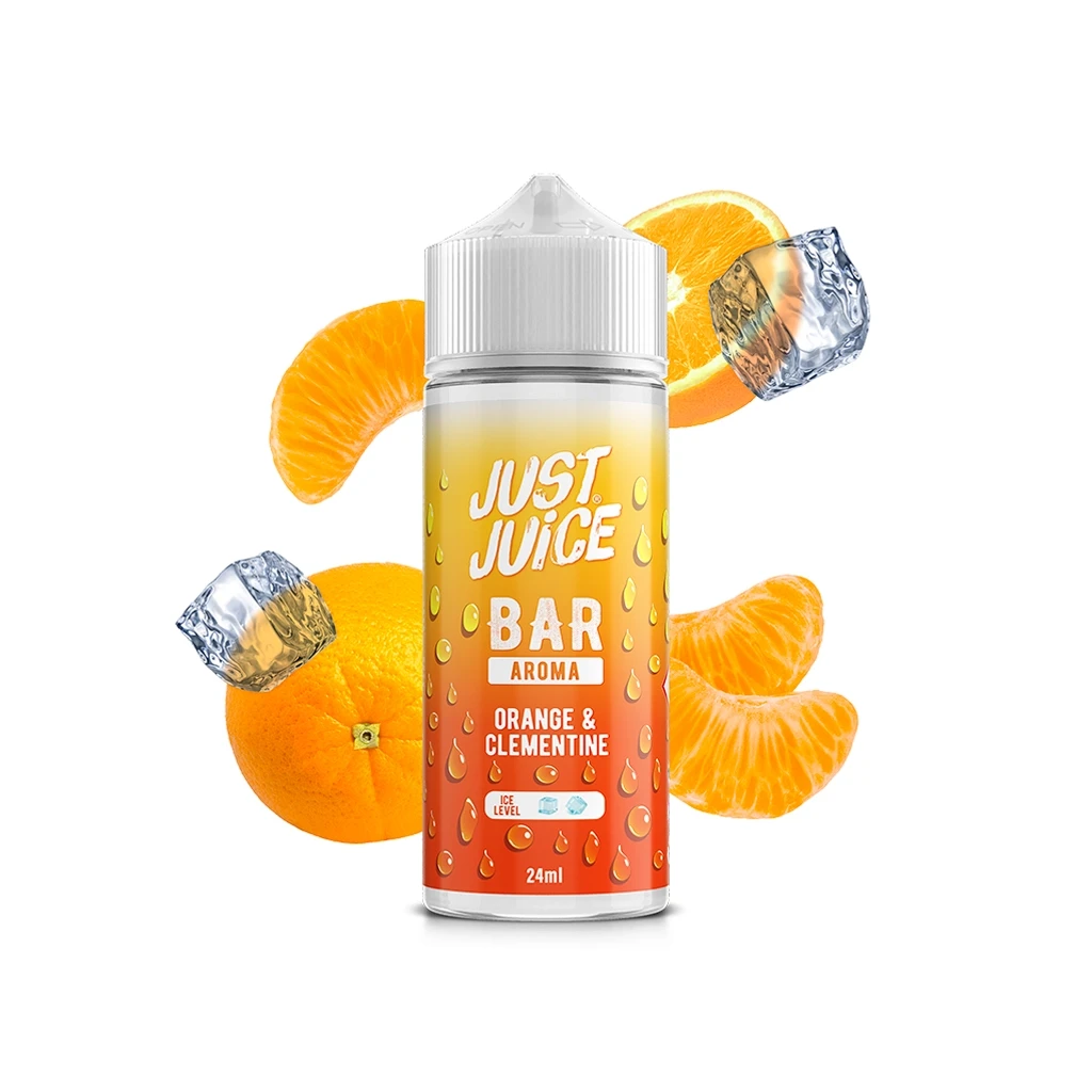 Bote Just Juice Bar Orange & Clementine de 24 ml con tapón blanco, rodeado de cítricos, gajos y cubitos de hielo.